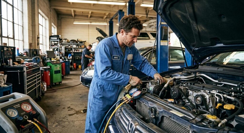 Mechanic inspecting car air conditioning system to fix common car AC problems in Dubai during extreme summer heat
